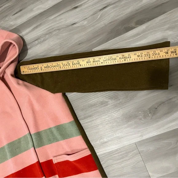 Handmade New Look Pink Hooded Striped Wool-Blend Cape Coat with Olive Sleeves - Picture 4 of 8